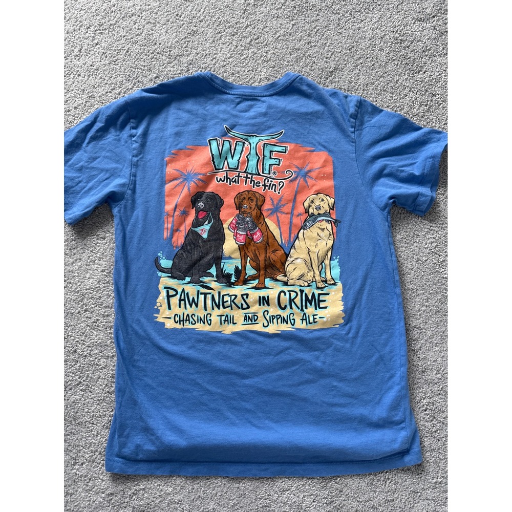 What The Fin‎ Performance Fabric Mens T Shirt Short Sleeve Blue Dog Graphic Tee